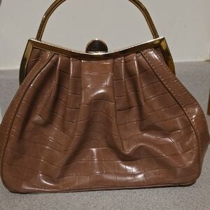 Madison West Croc-Embossed Brown Top-Handle Clutch with Gold Hardware